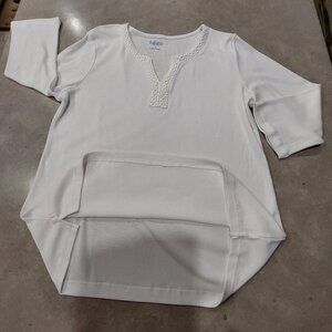 HILLARD & HANSON White 3/4 Sleeves Split Neckline w/Lace Trim Tunic - Size Large